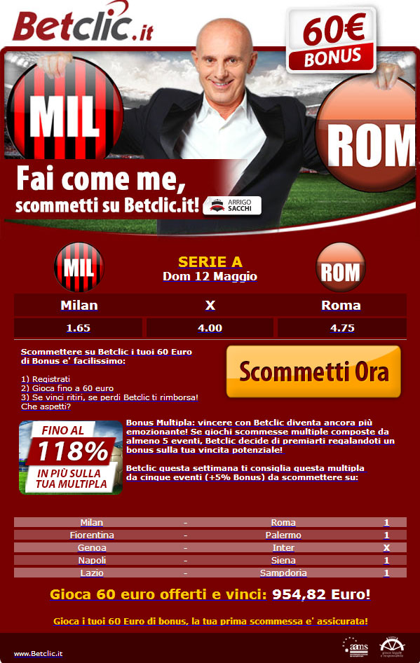 €60 GRATIS per scommettere su Milan Roma 12 maggio 2026